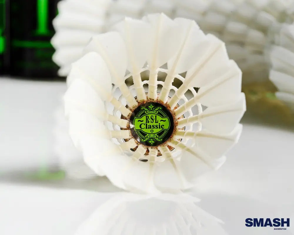 Close-up of RSL Classic Tourney feather shuttlecock for professional play