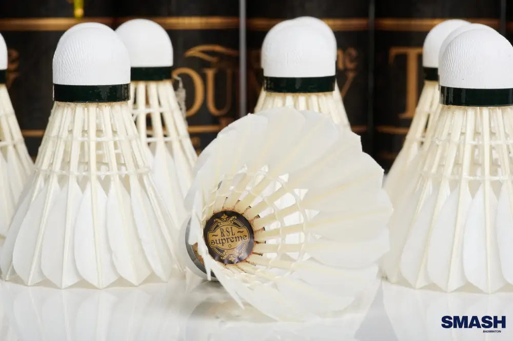 RSL Supreme shuttlecock close-up showing feather quality
